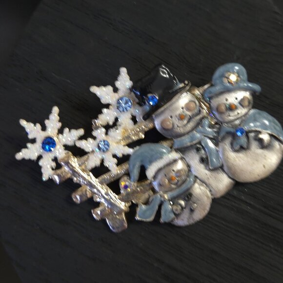 KC Brooch Silver Tone Blue Rhinestone Snowman Snowflake Winter Holiday Christmas - Picture 5 of 12